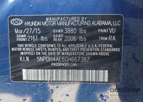 2016 Hyundai Elantra Se z USA, uszkodzony, nr VIN 5NPDH4AE6GH667387